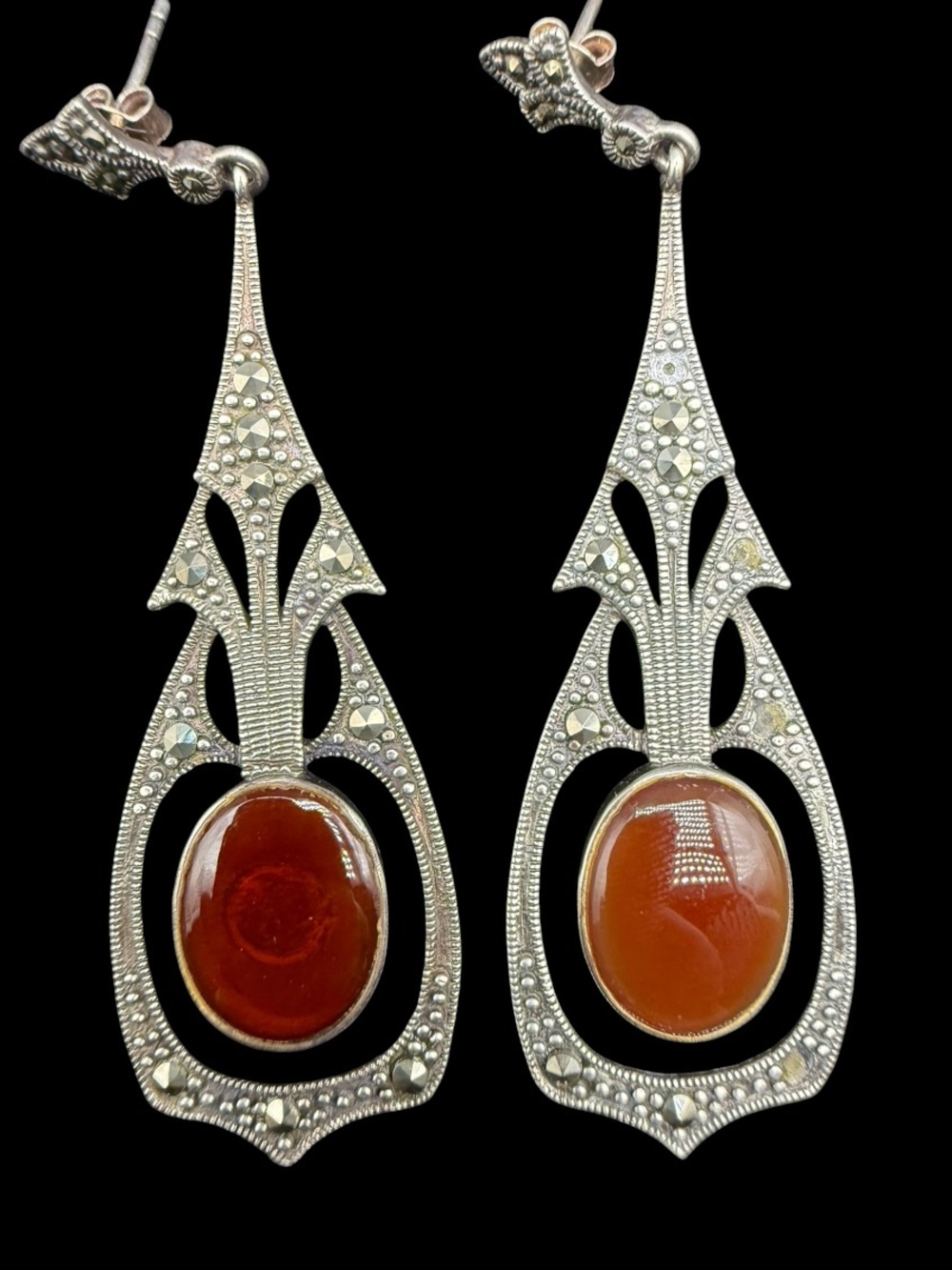 Sterling Silver Art Deco Marcasite Drop Earrings with Carnelian - Brown